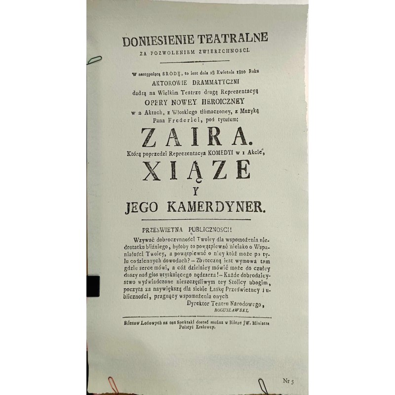 Afisz teatralny: Zaira. Xiąze y jego kamerdyer
