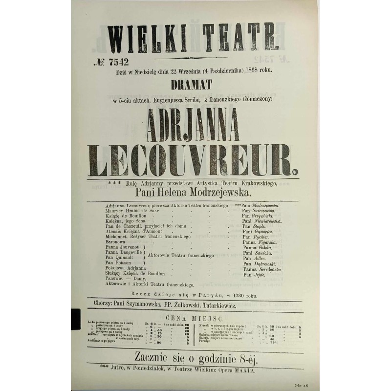Wielki Teatr Adrjanna Lecouvreur - Afisz teatralny