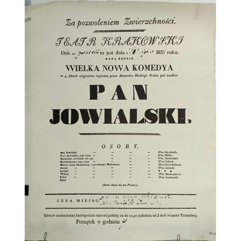 Afisz teatralny: Wielka nowa komedia Pan Jowialski