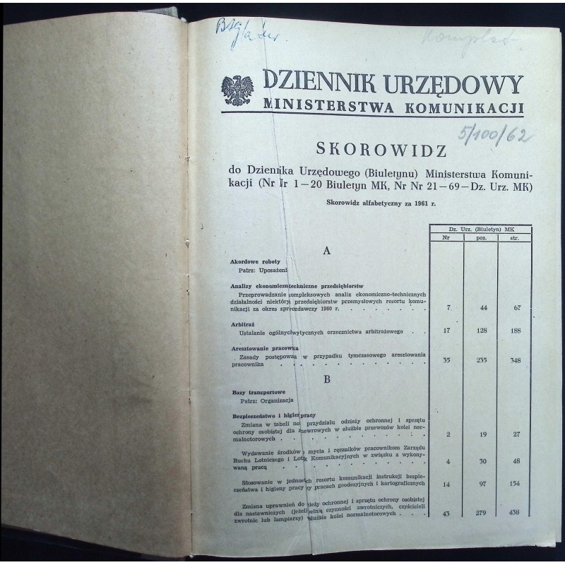 skorowidz do dziennika urzędowego (biuletynu) 1961
