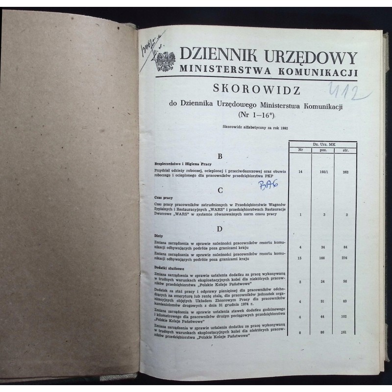 Dziennik urzędowy Ministerstwa Komunikacji Nr 1-16 1982