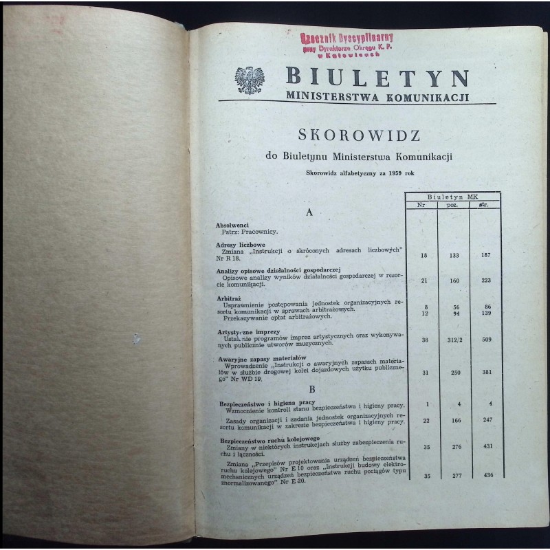 skorowidz do biuletynu ministerstwa komunikacji 1959