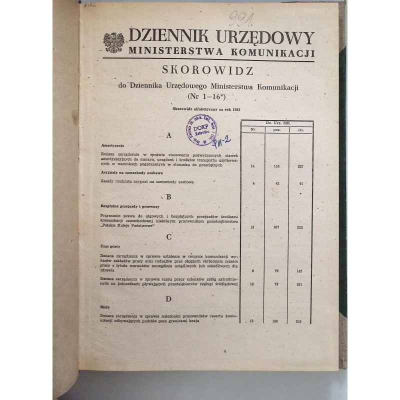 Dziennik urzędowy ministerstwa komunikacji Nr. 1-16 1983