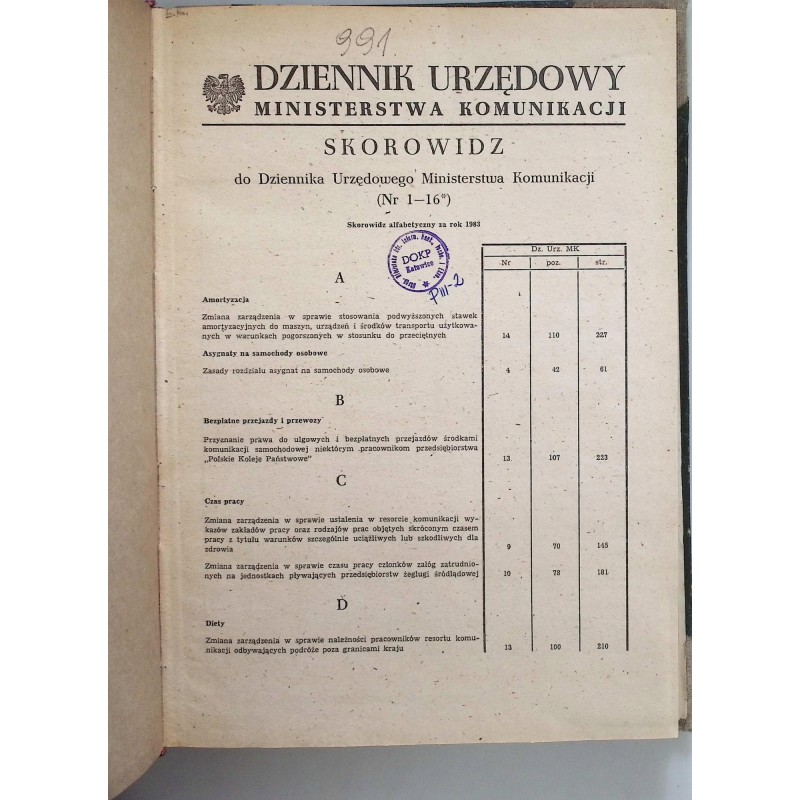 Dziennik urzędowy ministerstwa komunikacji Nr. 1-16 1983